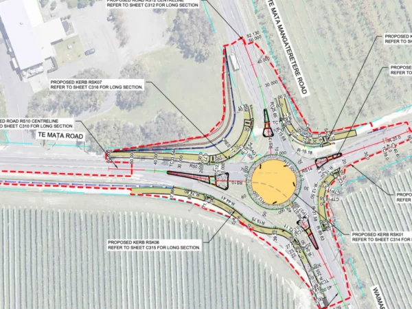 Roundabout concept design plan showing lane markings and kerb lines