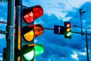 Traffic,Lights,Over,Urban,Intersection.,Red,Light